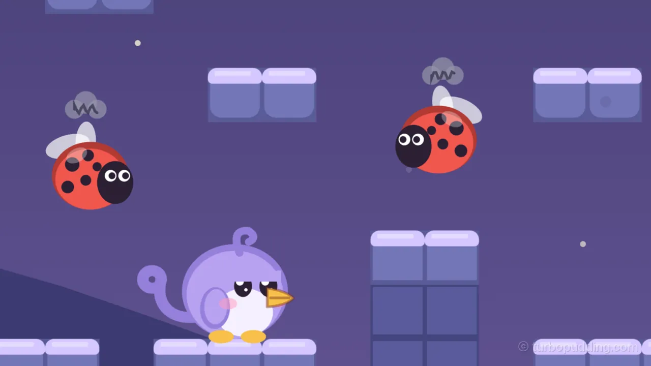 In a night room in deep violet, two Spotkins, round red ladybugs with black dots, dark heads with big white eyes and pale see-through wings, fly in the air, one on the left facing right and one higher up on the right facing left, each with a small gray scribble of a cloud over it; below them Lee, the round lilac fledgling with a curl on top and a long curled tail, stands on a ledge of lavender blocks facing right with sleepy half-closed eyes, next to a tall pillar of lavender blocks, with a dark hill behind and a few pale stars