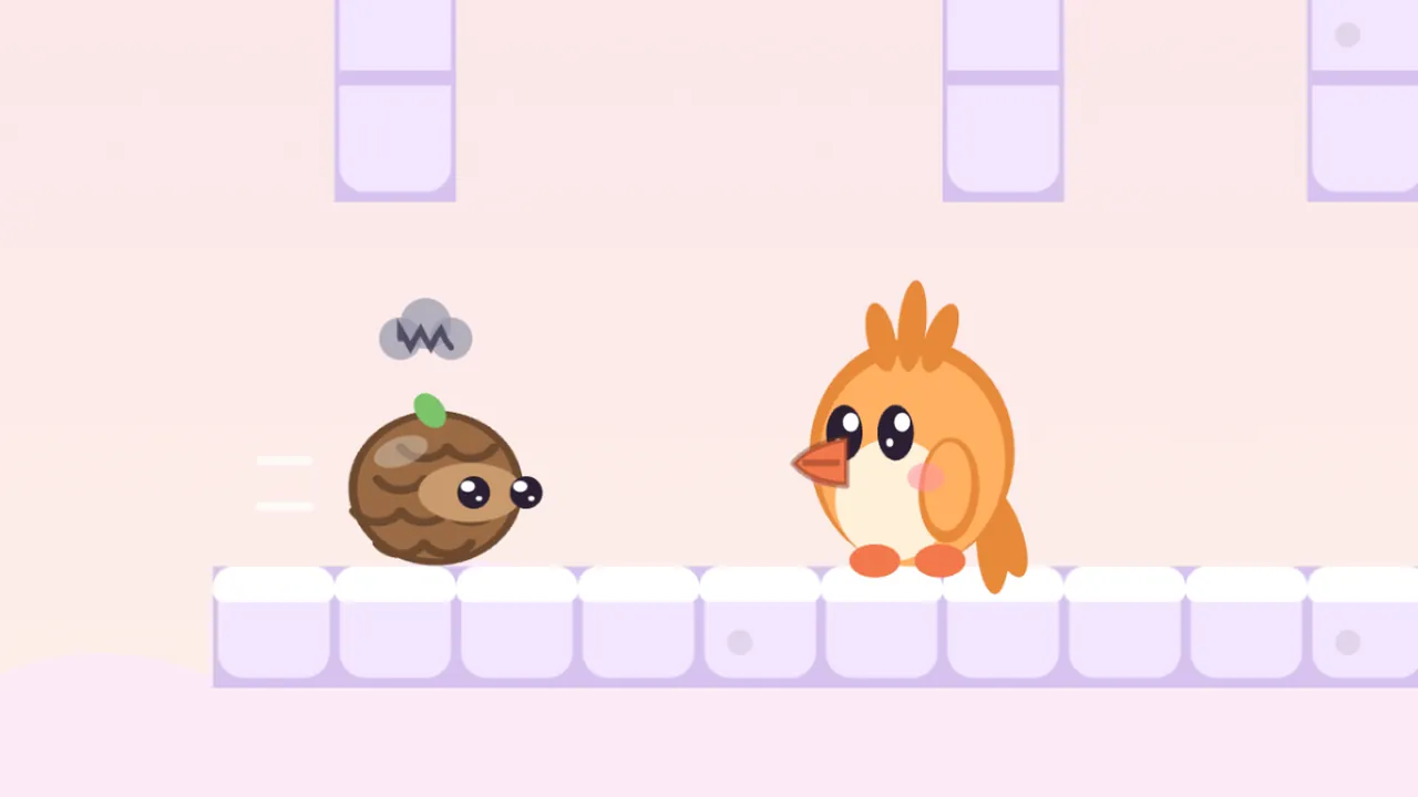 On a ledge of white cloud blocks under a pale pink sky, a Coneroll, a round brown pinecone with rows of scales, two eyes peeking out between them, a little green sprout on top and a gray scribble cloud above, dashes right with white speed lines behind it toward Tirra, the apricot fledgling, who stands a few steps away facing it, with lilac pillars hanging from above
