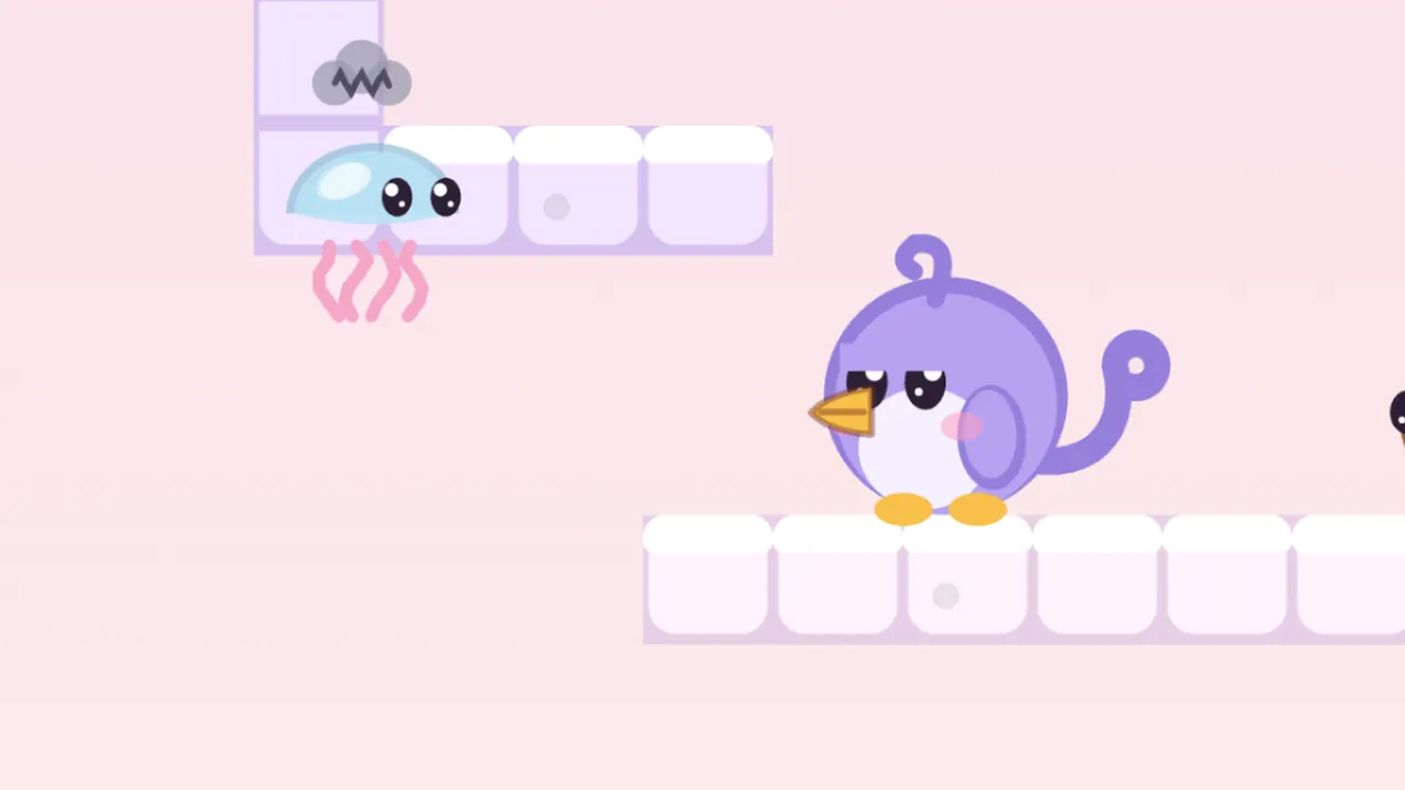 Against a pale pink sky, a Jellydrop, a see-through pale blue dome with two big eyes, wavy pink strands of rain trailing below it and a gray scribble cloud above, drifts beside a ledge of white cloud blocks, while Lee, the round lilac fledgling, stands on a lower cloud ledge to the right, facing it with sleepy half-closed eyes