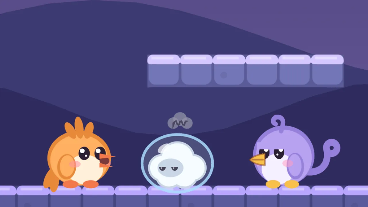 At night on a lilac stone floor under dark purple hills, Tirra, the round apricot fledgling with a three-feather crest, stands on the left with beak open after a bubble, Lee, the round lilac fledgling with a curl on top and a curled tail feather, faces left on the right, and between them sits a Nimbling, a chubby little white cloud with a gray face and sleepy half-closed eyes, wrapped in a thin bubble film under a gray scribble cloud, with a row of lilac blocks floating overhead