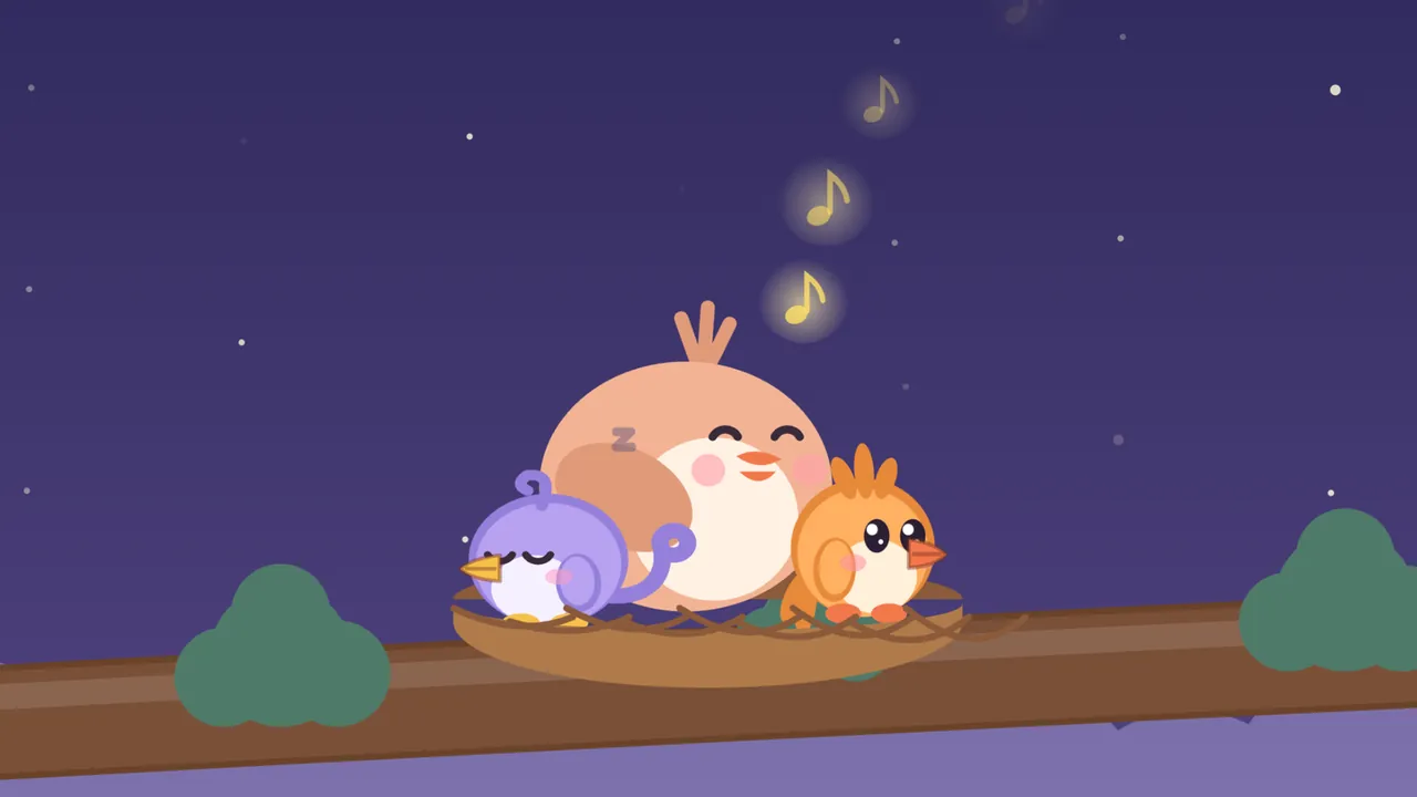 Mama, a big soft peach bird, singing in a nest on a branch at night, golden music notes rising into the stars, the lilac fledgling Lee asleep beside her and the apricot fledgling Tirra wide awake