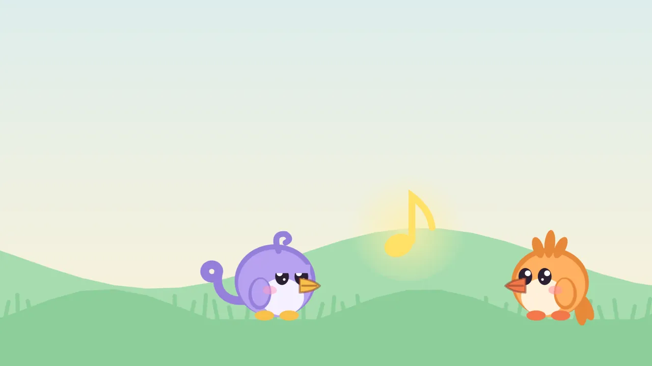 Lee, a round lilac fledgling with a curl on top and a curled tail feather, and Tirra facing each other on a green meadow, a glowing golden music note floating between them