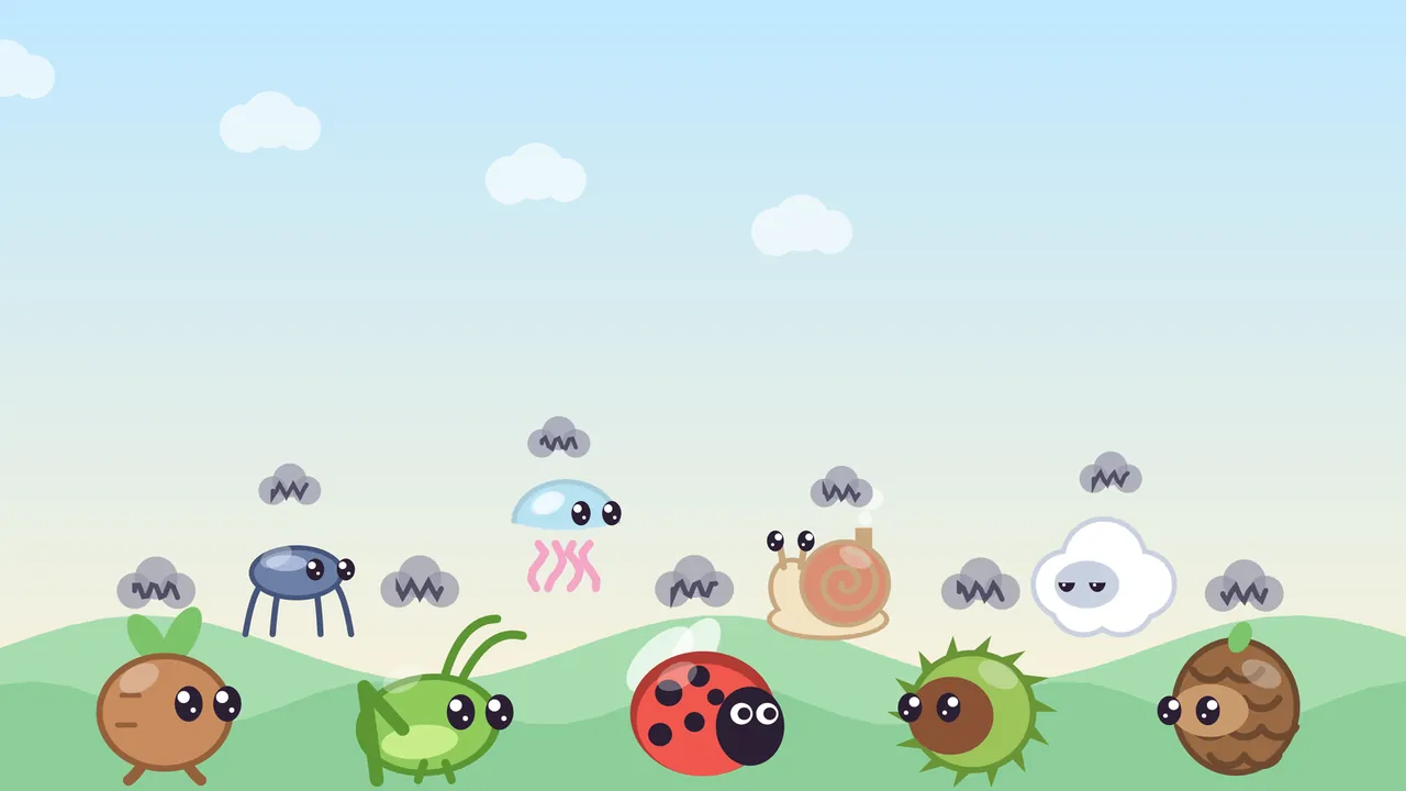 Nine little spirits on a green meadow, each with a gray scribble cloud over its head: a root with a sprout, a grasshopper, a ladybird, a spiky chestnut, a pinecone, a pond skater, a pale blue jellyfish, a snail with a chimney on its shell and a small white cloud