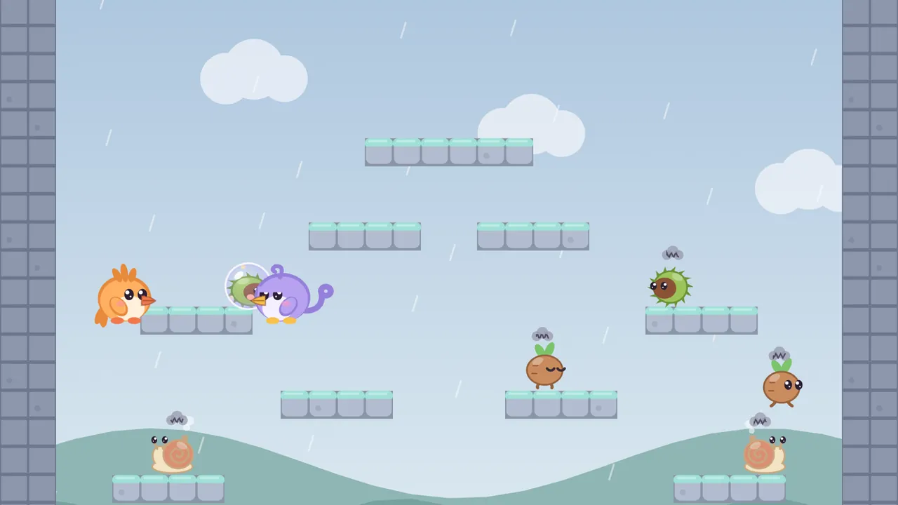 The Lily pond room in the rain, on a pale blue sky with thin rain streaks and white clouds: gray stone ledges with mint-green tops float at different heights like lily pads; on a pad at the upper left Tirra, the round orange fledgling, faces right toward Lee, the round lilac fledgling, who has just blown a bubble with a Burrnut, a green spiky chestnut case, inside; another Burrnut sits on a pad at the right under a gray scribble of a cloud, two Stomplings, little brown roots with green sprouts, stand on the middle pads, and two Shellies, cream snails with red-brown spiral shells, sit on the lowest pads near the green hills at the bottom