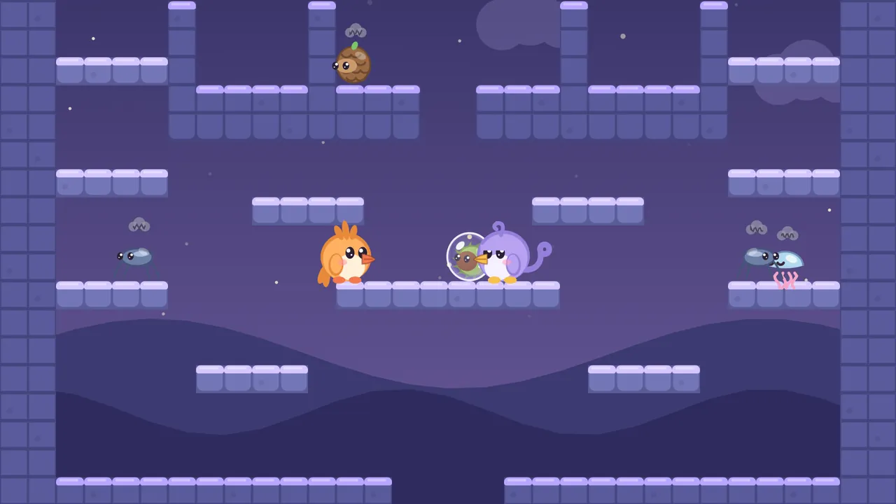 The Crown room at night, on a deep indigo sky with small stars and soft dark clouds: across the top runs a wide band of purple stone blocks with four tall pillars rising from it, the points of the crown, and a Coneroll, a round brown pinecone with big eyes and a green sprout, stands between two of them under a gray scribble of a cloud; below, on a long ledge of purple blocks in the middle, Tirra, a round orange fledgling with a spiky orange crest, faces right toward Lee, a round lilac fledgling with a curly purple crest and a long curled tail, who has just blown a clear bubble with a Burrnut, a chestnut in a spiky green case, curled up inside; on a ledge at the left walks a Skimmer, a blue-gray pond skater with thin legs, and on the right ledge another Skimmer stands next to a Jellydrop, a pale blue jellyfish with pink wavy tentacles, both with gray clouds over their heads; dark purple hills fill the bottom of the room