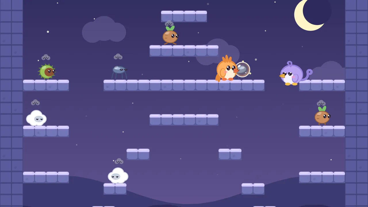 The Star room at night, on a deep indigo sky with small stars and a pale yellow crescent moon at the upper right: purple stone ledges form a star, with a short point at the top and a long row of blocks for the arms across the middle; on the arms Tirra, the round orange fledgling, faces right with a bubble at the beak holding a Skimmer, a blue-gray pond skater, and Lee, the round lilac fledgling, stands at the right edge facing back; a second Skimmer walks on the arms to the left, a Burrnut, a green spiky chestnut case, sits on a ledge at the far left, Stomplings stand on the top point and on a lower right ledge, and two Nimblings, fluffy white little clouds with sleepy gray faces, rest on ledges lower down