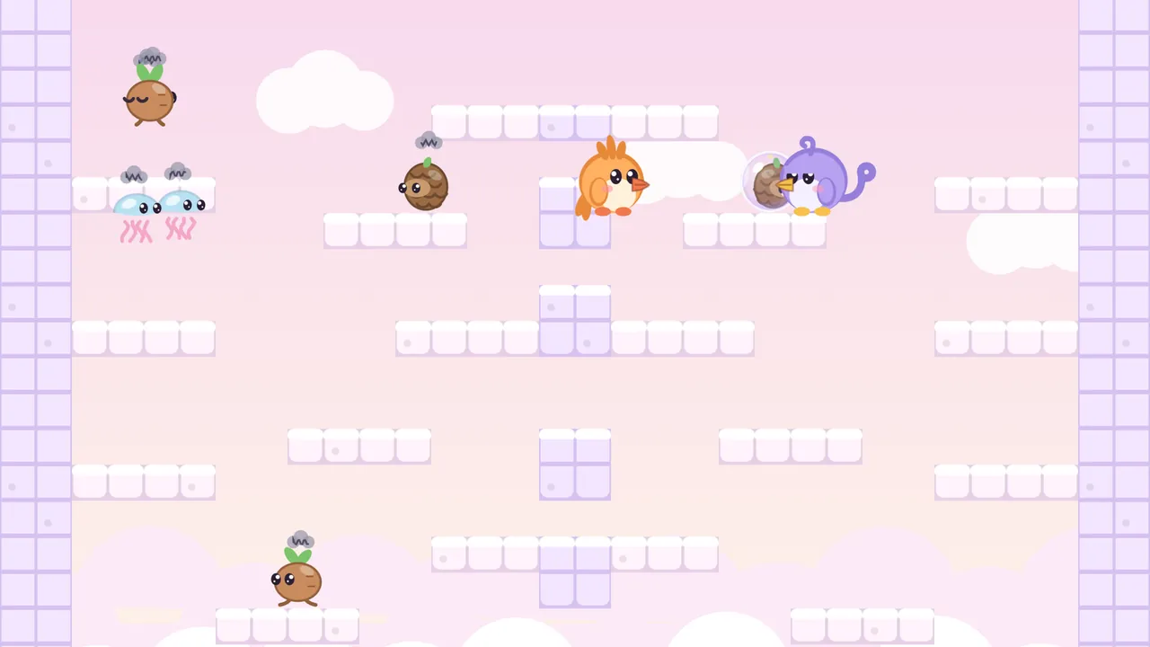 The Feather room in the clouds, on a soft pink sky: a thin column of pale lilac blocks runs down the middle as the shaft of the feather, with short white cloud ledges on both sides as the vanes; near the top Tirra, the round orange fledgling, stands on the shaft facing right, and Lee, the round lilac fledgling, stands on a ledge to the right with a bubble holding a Coneroll, a brown pinecone; at the upper left two Jellydrops, pale blue jellyfish with pink wavy tentacles, float together under gray scribbles of clouds, another Coneroll waits on a ledge nearby, and Stomplings stand on ledges at the top left and bottom