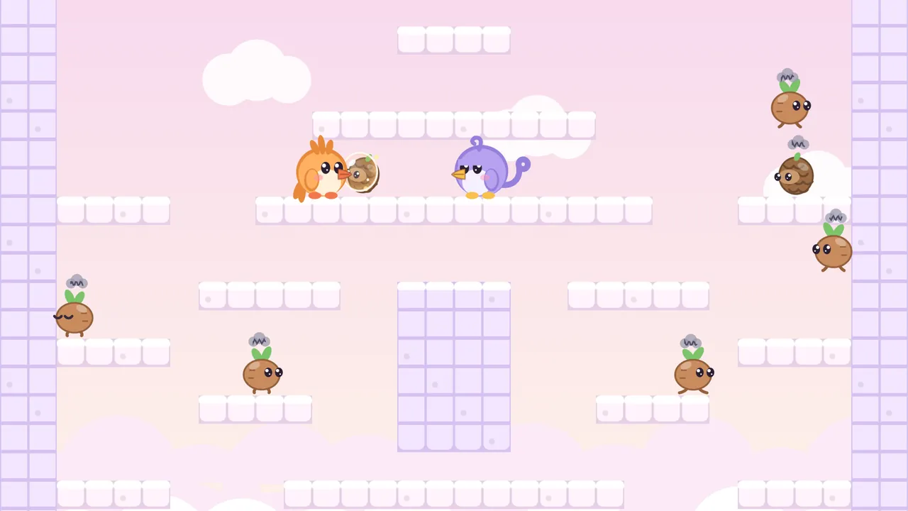 The Paper plane room in the clouds, on a soft pink sky with a white cloud: two wide rows of white cloud blocks form the wings, and a tall column of pale lilac blocks below them forms the body of the plane; on the upper wing Tirra, the round orange fledgling, faces right with a fresh bubble at the beak holding a Coneroll, a round brown pinecone, and Lee, the round lilac fledgling with a curly crest, faces Tirra from the right; another Coneroll sits on a ledge at the right edge, and six Stomplings with gray clouds over their heads stand on cloud ledges all around the room