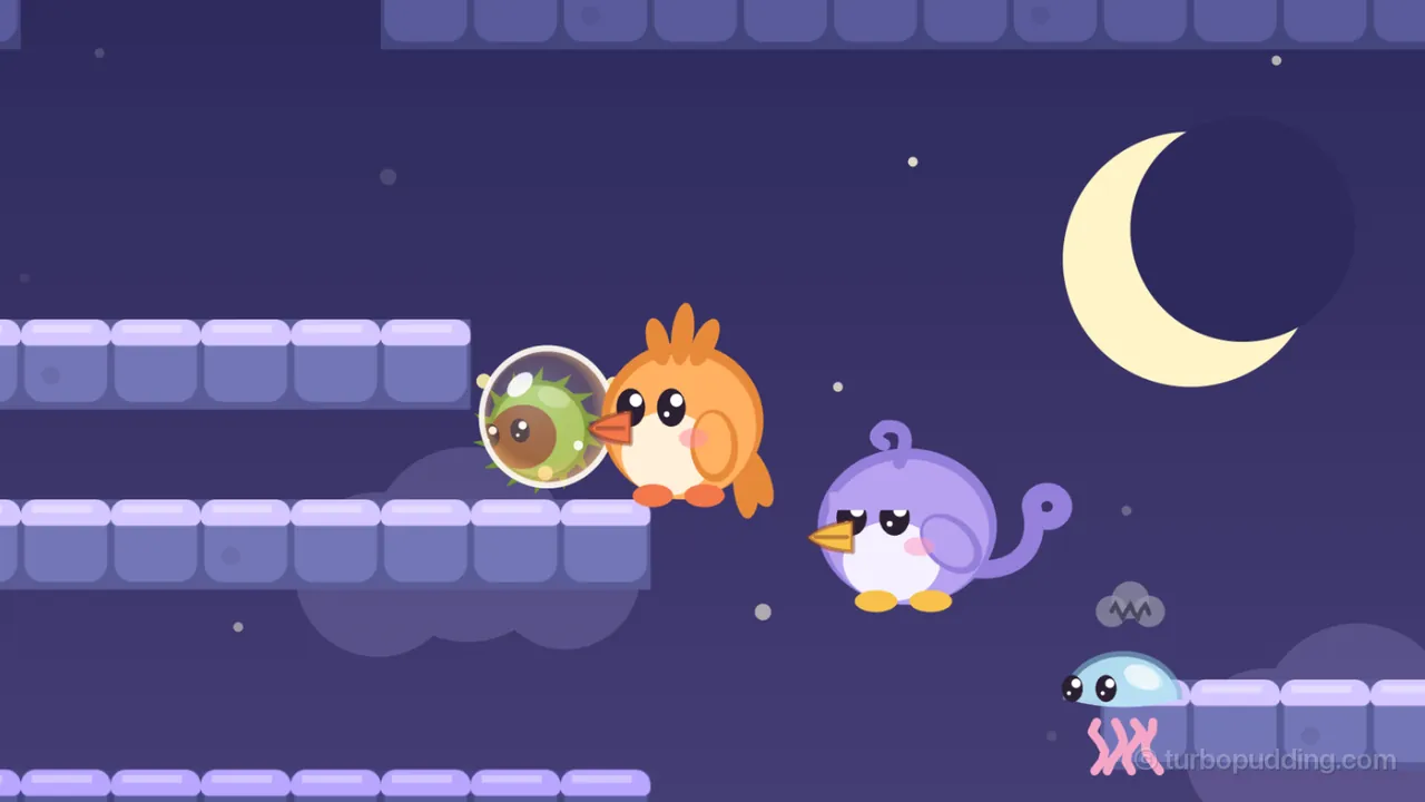 The Clock tower room at night, on a deep indigo sky with small stars and a big pale yellow crescent moon at the upper right: Tirra, the round orange fledgling with a spiky crest, stands at the very end of a ledge of purple blocks on the left, facing left, with a fresh bubble at Tirra’s beak holding a Burrnut, a chestnut in a spiky green case; Lee, the round lilac fledgling with a curly crest, sleepy eyes and a long curled tail, is in midair to the lower right, facing left; in the bottom right corner, a Jellydrop, a pale blue jellyfish with pink wavy tentacles and a gray scribble of a cloud over its head, floats at the edge of a purple ledge, and more purple ledges stack up on the left
