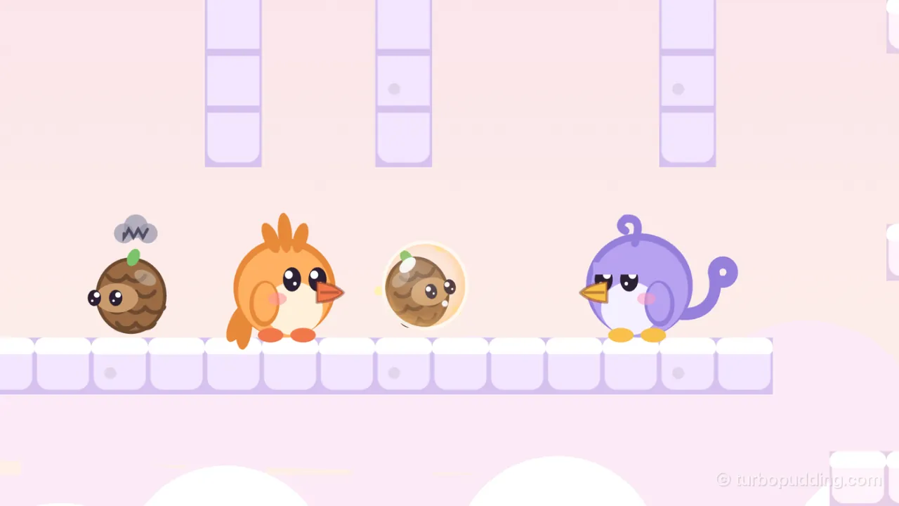 The Carousel room in the clouds, on a pale pink background: three tall pillars of pale lilac blocks hang down from the top of the picture over a long ledge of white cloud blocks; on the ledge, from left to right, are a grumpy Coneroll, a round brown pinecone with big eyes and a green sprout, under a gray scribble of a cloud, then Tirra, the round orange fledgling with a spiky crest, facing right, then a peach-rimmed bubble with another Coneroll curled up inside, and at the right Lee, the round lilac fledgling with a curly crest and a long curled tail, facing the bubble