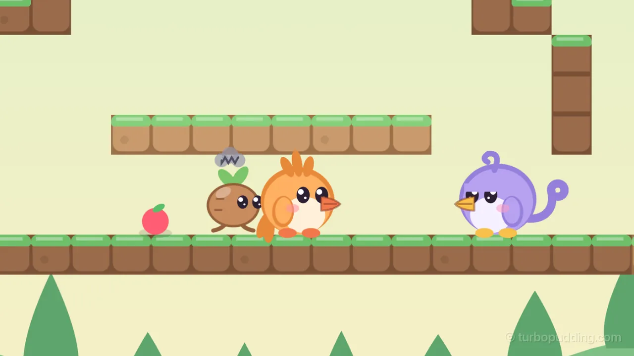 Inside the Hedgehog room in the woods, on a pale yellow-green background: Tirra, a round orange fledgling with a spiky orange crest and an orange beak, stands on a long floor of brown blocks topped with grass, facing right toward Lee, a round lilac fledgling with a curly purple crest, sleepy half-closed eyes and a long curled tail, who faces back from the right; right behind Tirra walks a Stompling, a little brown root with two green leaves on top and a small gray scribble of a cloud over its head, and further left a red berry with a green leaf lies on the floor; above them runs a grassy ledge, a column of brown blocks comes down at the upper right, and dark green tree shapes rise below the floor