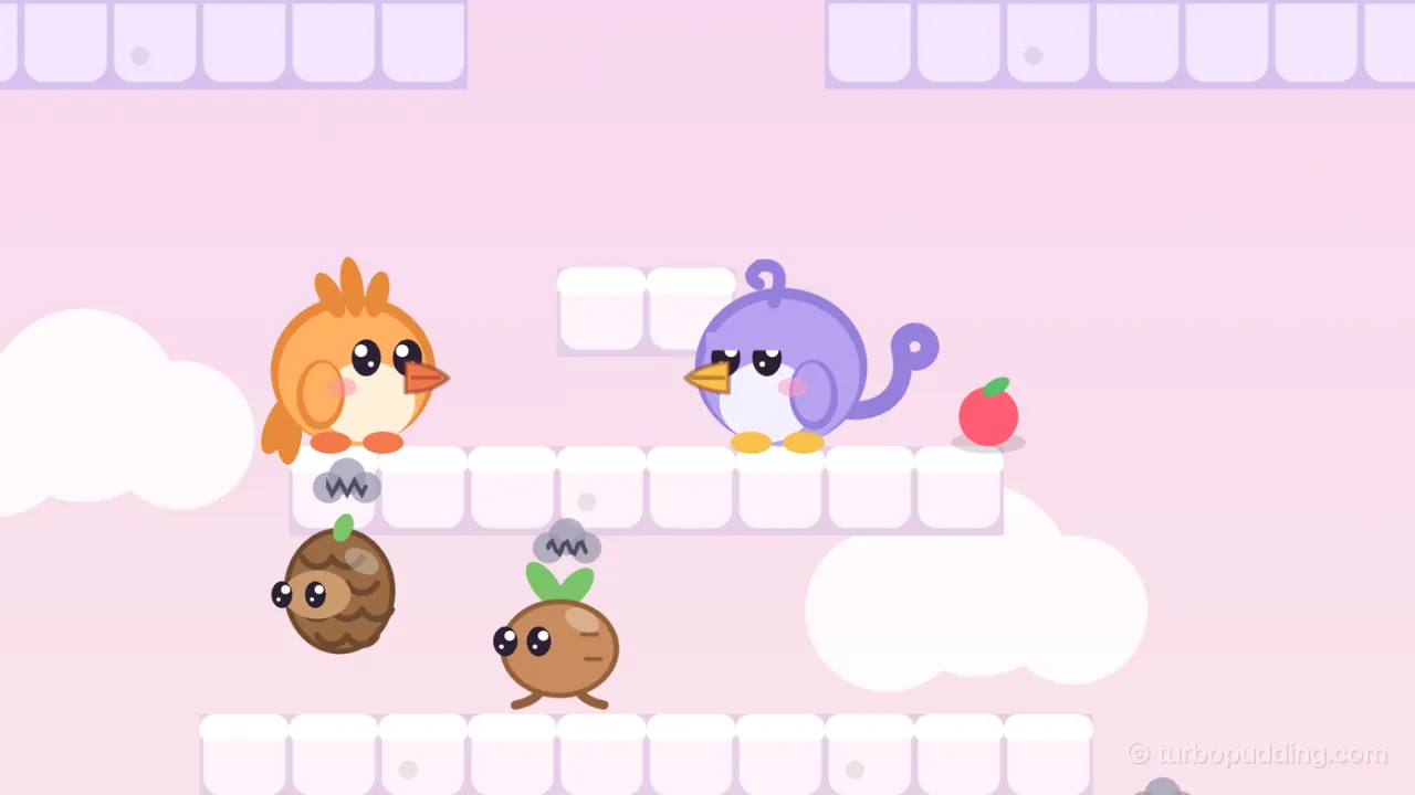 The Kite room in the clouds, on a soft pink background with big white clouds: Tirra, the round orange fledgling with a spiky crest, and Lee, the round lilac fledgling with a curly crest and a long curled tail, stand facing each other on a ledge of white cloud blocks near the top of the room, with a red berry with a green leaf on the ledge behind Lee and a short two-block ledge above them; below, a Coneroll, a round brown pinecone with peeking eyes and a green sprout, is in midair under a gray scribble of a cloud, and a Stompling, a little brown root with two green leaves, walks on the wider cloud ledge at the bottom with its own gray cloud over its head; lilac blocks of the ceiling run along the top edge