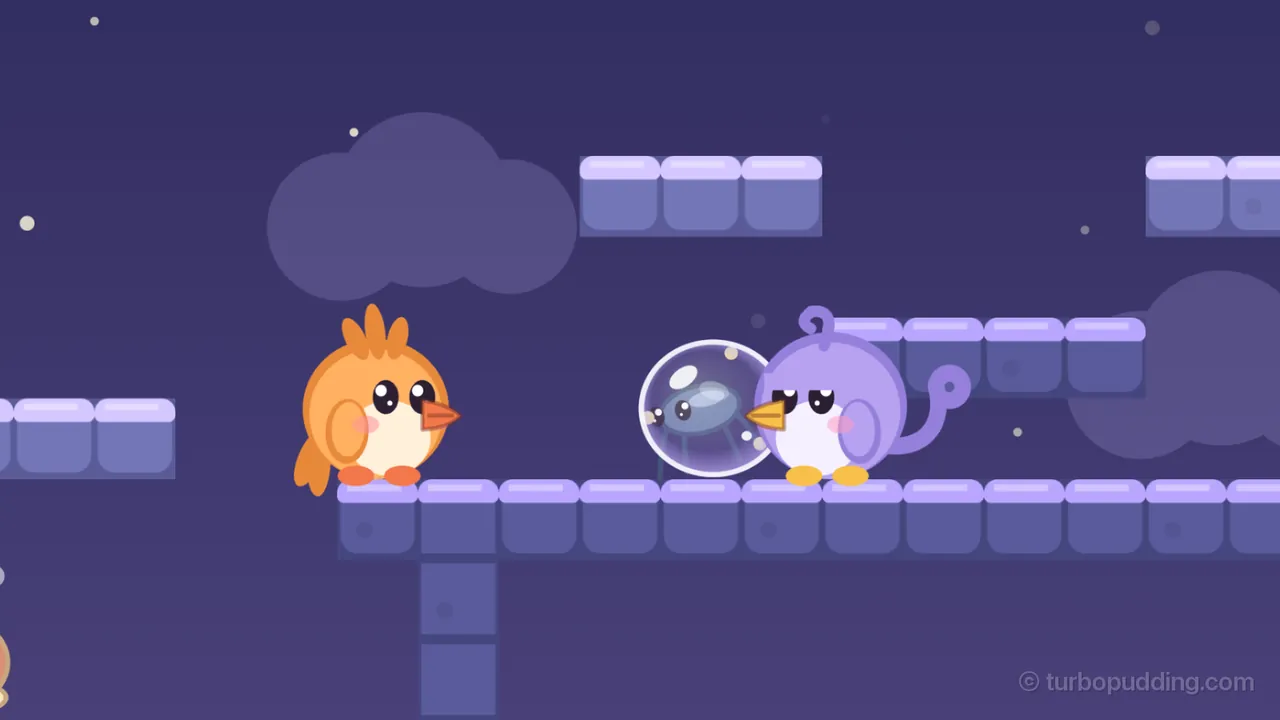 The Gift box room at night, on a deep indigo sky with small stars and soft dark clouds: Tirra, a round orange fledgling with a spiky orange crest, stands on a long ledge of purple blocks, the lid of the box, facing right; Lee, a round lilac fledgling with a curly purple crest, sleepy half-closed eyes and a long curled tail, faces left with a clear bubble right at the beak, and inside the bubble floats a Skimmer, a small blue-gray pond skater with big eyes and thin legs; a column of purple blocks drops down from the lid, short purple ledges of the bow hang above, and a piece of another critter peeks in at the bottom left edge