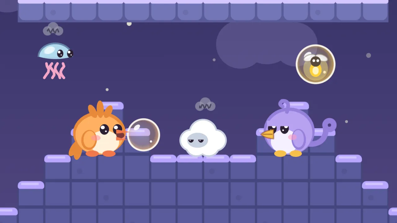A night room in deep indigo, with a soft purple cloud in the background and stone blocks with lilac tops stacked into the shape of a sleeping cat: Tirra, the orange fledgling, stands on the cat’s left ear and blows a clear bubble toward the middle, where a Nimbling, a fluffy white little cloud with a gray face and sleepy half-closed eyes, dozes on top of the cat’s head under a gray scribble of a cloud; Lee, the lilac fledgling, stands on the right ear facing it; at the top left a pale blue Jellydrop drifts under the ceiling, and at the top right floats a golden bubble with a glowing firefly inside