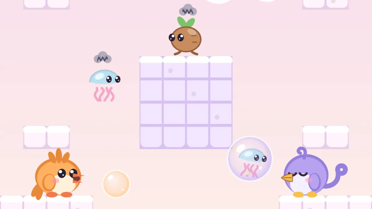 A cloud room in soft pink with white cloud platforms: a big pale lilac block made of tiles stands in the middle, with a Stompling, a little brown root with two green leaves and a gray scribble of a cloud over its head, on top; on the left a Jellydrop, a pale blue jellyfish dome with dark eyes and wavy pink strands of rain, drifts in the air with its own gray cloud; at the bottom left Tirra, the orange fledgling, has just blown a peach-colored bubble that floats to the right, and at the bottom right Lee, the lilac fledgling, blinks with both eyes shut next to a lilac bubble with a second Jellydrop caught inside