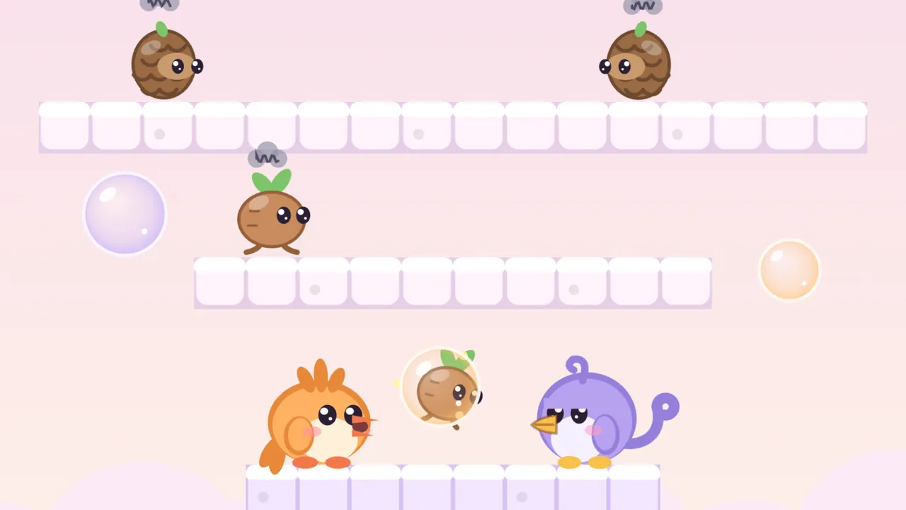A cloud room in soft pink with white cloud ledges: Tirra, a round orange fledgling with a spiky orange crest, stands on the lilac blocks of the balloon’s basket with its beak open, having just blown a clear bubble with a Stompling, a little brown root with two green leaves, curled up inside; Lee, a round lilac fledgling with a curly purple crest, a long curled tail and sleepy half-closed eyes, stands beside it facing the bubble; on the ledge above walks another Stompling with a gray scribble of a cloud over its head, two Conerolls, round brown pinecones with peeking eyes and a green sprout on top, sit on the long top ledge, and an empty lilac bubble and an empty peach bubble float at the sides