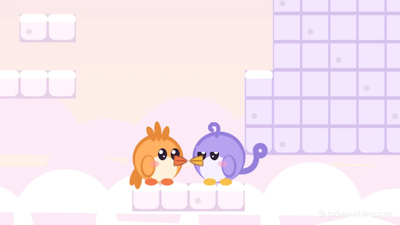 A cloud room in soft pink: Tirra, the apricot fledgling with a crest of three feathers, and Lee, the lilac fledgling with a curl on top and a curled tail feather, stand beak to beak on a small ledge of nearly white cloud blocks, in front of a bank of big round white cloud puffs that fills the bottom of the picture; on the right rises a tall stack of pale lilac blocks, and two small ledges with white tops float at the upper left against the pale pink sky