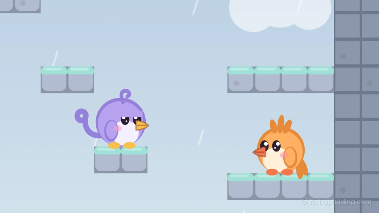 A rain room in gray-blue: Lee, the lilac fledgling with a curl on top and a curled tail feather, stands on a small ledge of two slate gray-blue stone blocks with mint-teal tops at the left, facing right toward Tirra, the apricot fledgling with a crest of three feathers, who stands on a longer ledge of the same stone at the lower right, beside a gray stone wall; thin white streaks of drizzle slant across the pale sky, another ledge hangs above Tirra, a small one floats at the upper left and a soft white cloud peeks in at the top