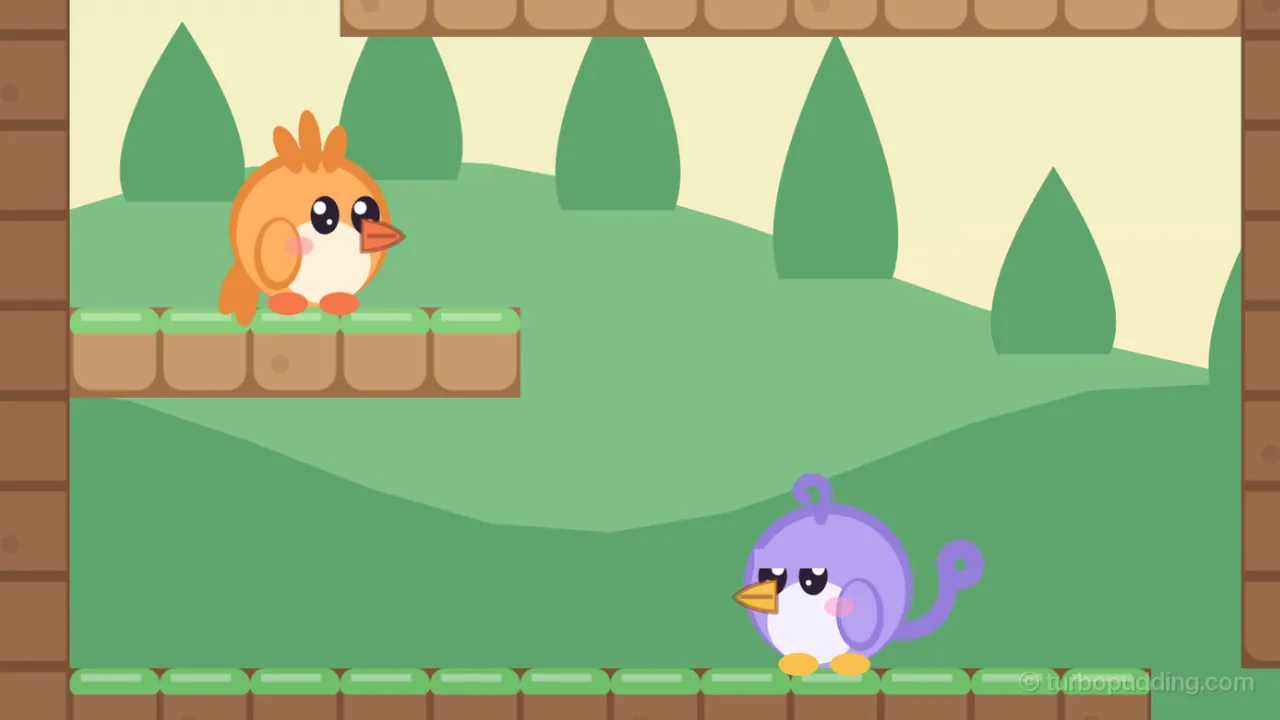A woods room: Tirra, the apricot fledgling with a crest of three feathers, stands on a ledge of brown blocks with green grassy tops at the upper left, and Lee, the lilac fledgling with a curl on top and a curled tail feather, stands on the grassy floor below at the right, looking back toward Tirra; behind them, two rows of green hills roll across a soft yellow sky, with a row of rounded dark green fir trees of different heights standing along the far hill, a long ledge across the top and dark brown walls at both sides