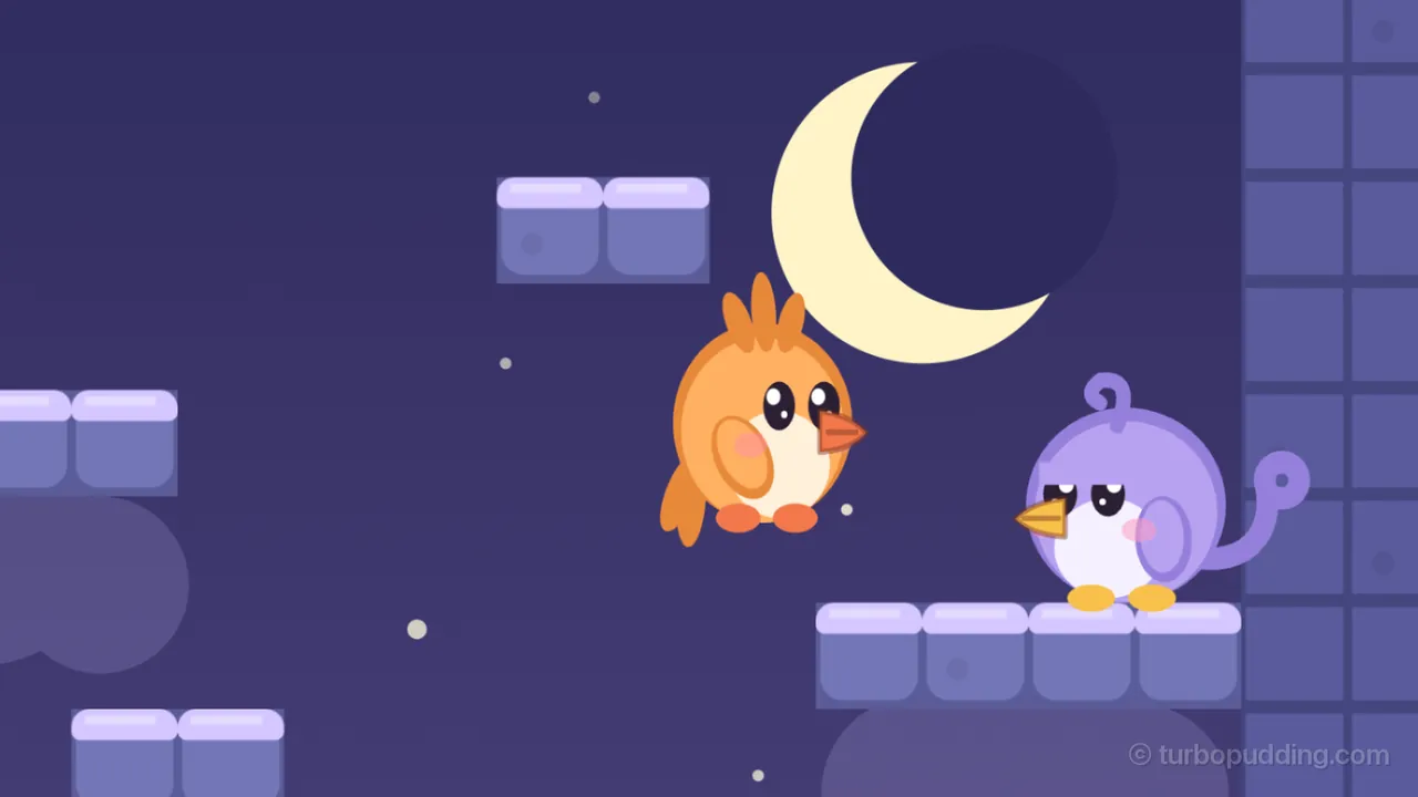 Near the top of the Skyward Tree at night: Tirra, a round apricot fledgling with a crest of three feathers, hops through the air in front of a big pale yellow crescent moon, with a slightly darker circle of night sky just visible where the rest of the moon would be, while Lee, a round lilac fledgling with a curl on top, a long tail feather rolled into a curl and sleepy half-closed eyes, watches from a ledge of periwinkle blocks with lavender tops on the right; small stars and short ledges float in the deep indigo sky around them, a faint lilac cloud hangs behind the ledges and a tall wall of blocks stands at the right edge