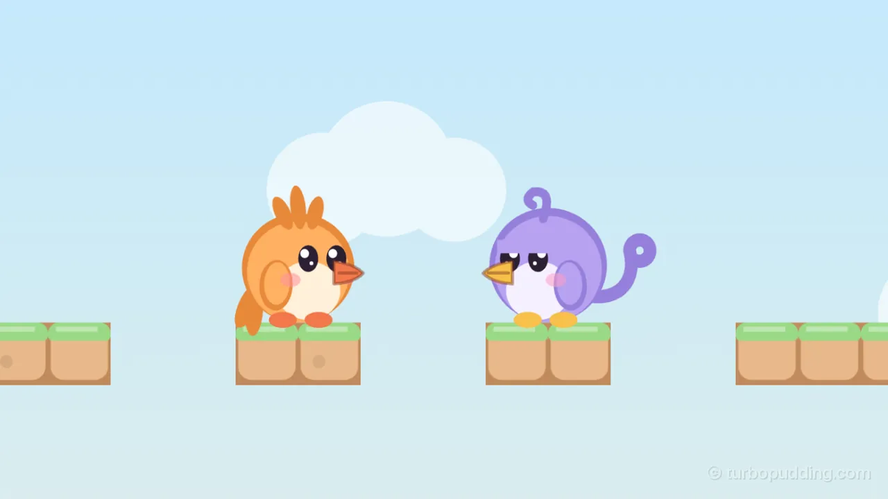 A meadow room on a bright day: Tirra, a round apricot fledgling with a crest of three feathers, and Lee, a round lilac fledgling with a curl on top, a long tail feather rolled into a curl and sleepy half-closed eyes, face each other from two tiny ledges of sandy brown blocks with green grassy tops, each ledge just two blocks wide, with a soft white cloud made of three round puffs floating right behind them; the pale blue sky fades lighter toward the bottom, two more small ledges sit at the left and right edges, and one block has a small dark dot on it