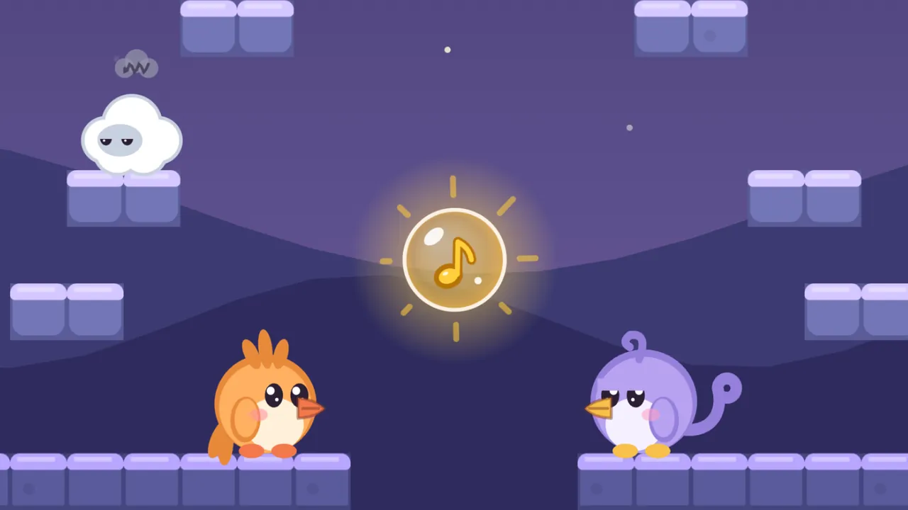 A night room in deep violet, with dark hills and a few stars: a glowing golden bubble with a music note inside hangs in the air between Tirra, the apricot fledgling, on the left and Lee, the lilac fledgling, on the right, who stand on violet stone ledges on either side of a gap and face it; up on a ledge at the top left sits a Nimbling, a little white cloud with sleepy eyes and a gray scribble over its head