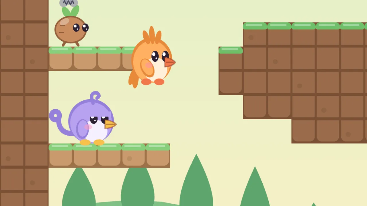 A woods room on a pale yellow background: Lee, a round lilac fledgling with a curl on top and a long tail feather rolled into a curl, stands on a grassy ledge of earth blocks by a tall brown wall on the left, facing right, while Tirra, a round apricot fledgling with a crest of three feathers and a small stub of a wing, is in mid-jump just above, level with the next ledge up; a Stompling, a little brown root with two green leaves and a gray scribble of a cloud over its head, stands on that upper ledge, big earth blocks stacked into the top of an acorn fill the right side, and pointed green treetops rise along the bottom