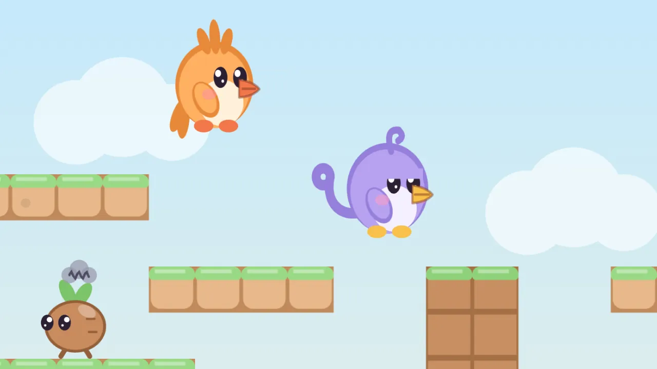 A meadow room under a clear blue sky with soft white clouds: Tirra, a round apricot fledgling with a crest of three feathers, a small orange beak and a stub of a wing, is high in the air in mid-jump, and Lee, a round lilac fledgling with a curl on top and a long tail feather rolled into a curl, jumps a little lower on the right, both facing right; below them are grassy ledges of tan earth blocks and a brown earth pillar, and at the bottom left stands a Stompling, a little brown root with two green leaves and a gray scribble of a cloud over its head