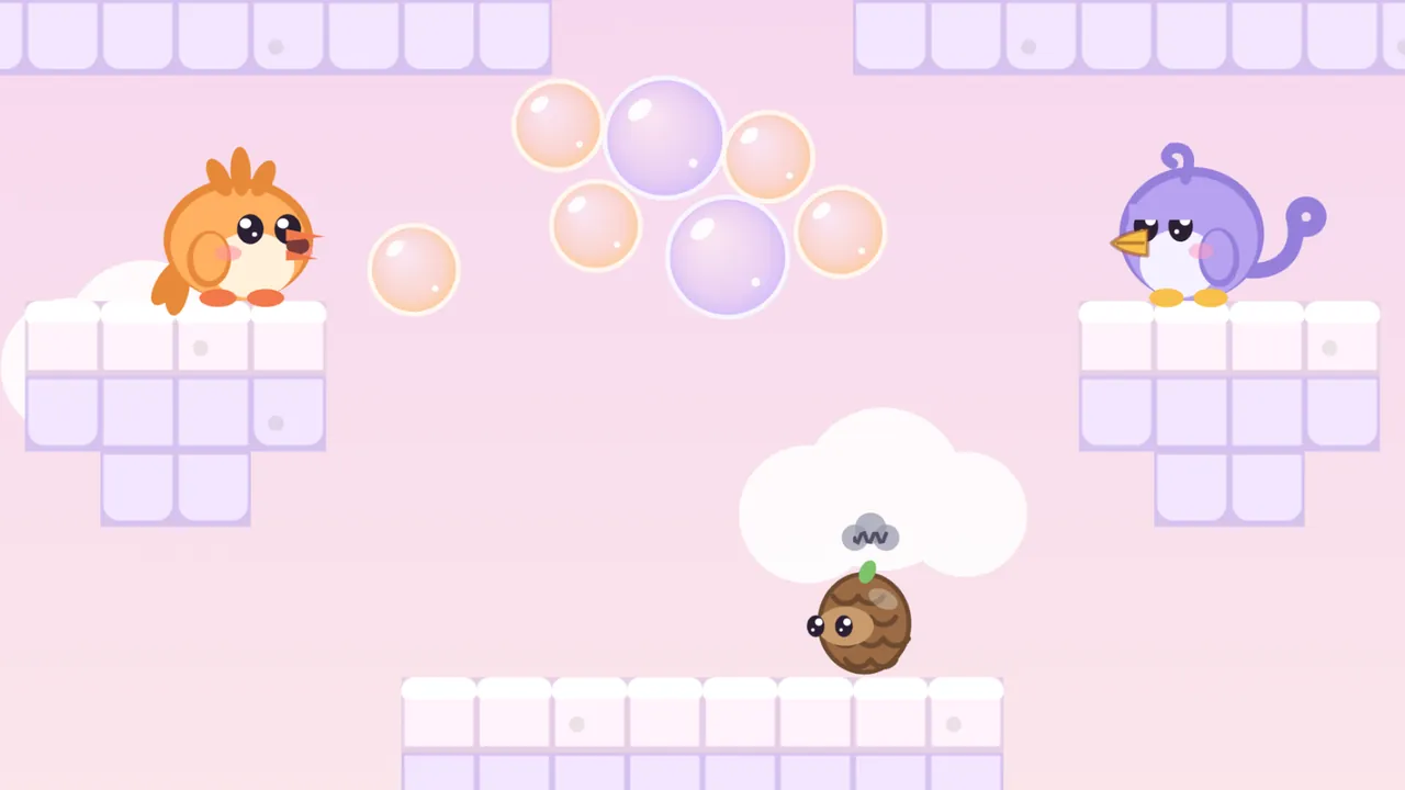 In the Balloon bunch, a pink cloud room of Tirralee, six bubbles, small apricot ones and big lilac ones, crowd together under the gap in the middle of the lavender ceiling; on a white block ledge at the left, Tirra, the apricot fledgling, has just blown a seventh small bubble that flies toward the bunch, and on a matching ledge at the right, Lee, the lilac fledgling, looks on; below them, a Coneroll, a brown pinecone with a green sprout and a gray scribble cloud over its head, stands on a long white ledge in front of a fluffy cloud
