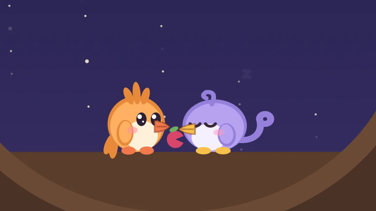 A storybook page from Tirralee at night: inside a round hollow in a tree, under a dark purple sky with stars, Tirra, a round apricot fledgling with a crest of three feathers, sits wide awake with big round eyes beside a red berry bitten in half, while Lee, a round lilac fledgling with a curl on the crown and a long tail feather rolled into a curl, has dozed off on the other side of the berry with eyes closed and a faint little “z” floating up