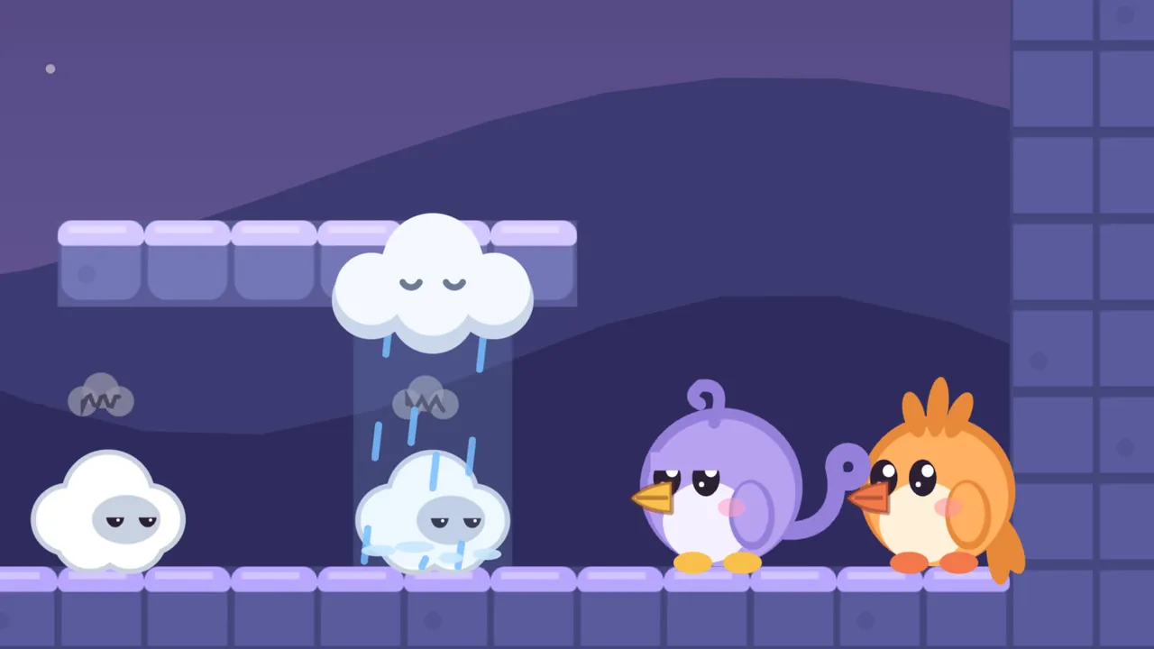 A night room in the Tree, in deep blue and purple with lilac stone blocks: two Nimblings, chubby little white clouds with gray faces, heavy half-closed lids and tiny feet, sit on the floor, each with a small gray scribble of a cloud over its head; above one of them a white rain cloud with a sleepy, closed-eyed face rains blue streaks straight down onto it; on the right, Lee, the lilac fledgling, and Tirra, the apricot fledgling, stand together facing left toward the Nimblings, next to a tall wall of lilac blocks