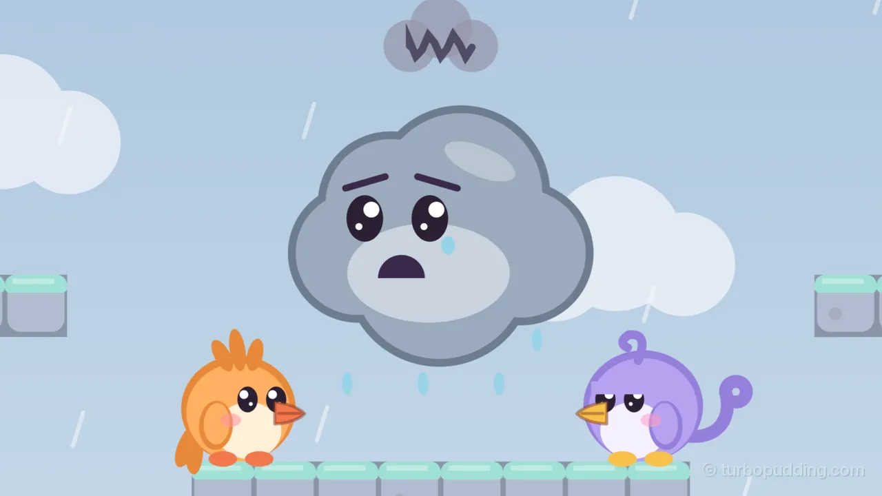 Old Drizzle, a big gray rain cloud with a worried face, a single tear and a gray scribble cloud over her head, floats above a long stone ledge in a rainy sky, dripping light blue drops; Tirra, the apricot fledgling with a three-feather crest, stands on the ledge at the left and Lee, the lilac fledgling, stands at the right, both looking up at her
