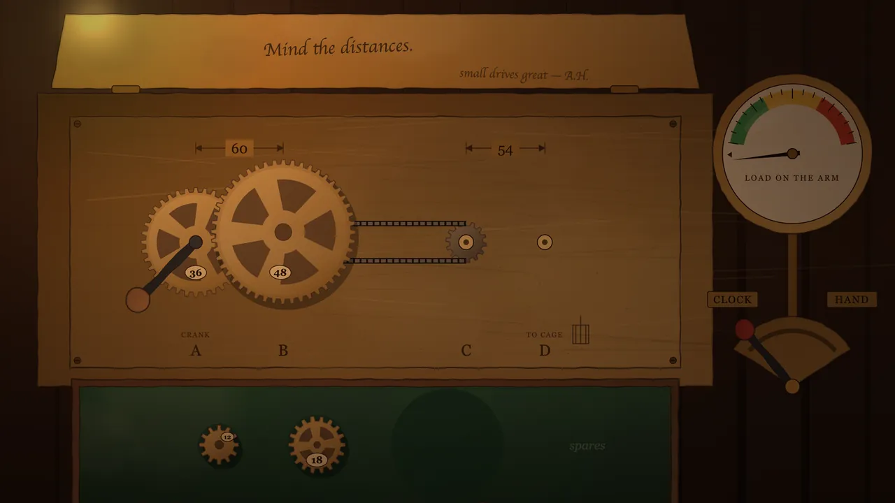 A close-up of the lift’s gearbox at the foot of the clock tower: a wooden board with four pegs marked A to D, a 36-tooth brass gear with a crank handle on peg A and a bigger 48-tooth gear on peg B jammed against it, a chain running to a small gear on peg C, the distances 60 and 54 marked above the pegs, a paper strip at the top reading Mind the distances, small drives great, A.H., a round dial labelled Load on the arm with red, yellow and green zones, a lever between CLOCK and HAND, and two spare gears with 12 and 18 teeth on green cloth below