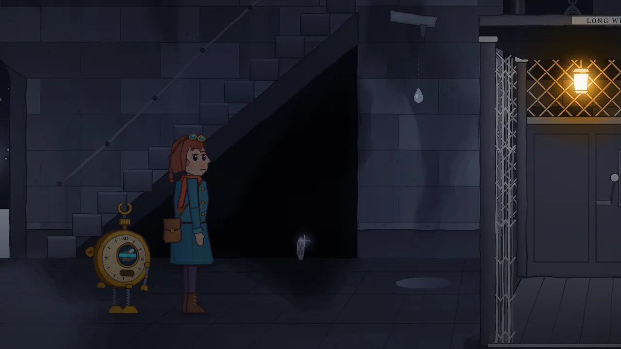 At the foot of the clock tower, in the gray-blue light of stopped time, Mira, a girl in a teal coat with a rust scarf, brass goggles on her auburn hair and a leather satchel, stands by a stone staircase and looks into the dark space under it, where a small gear lies glinting on the floor, while Tik, a little brass robot shaped like a pocket watch with one round lens eye, stands behind her; on the right a lamp glows inside the open lift cage with its folding lattice gate, and a single drop of water hangs in midair under a pipe