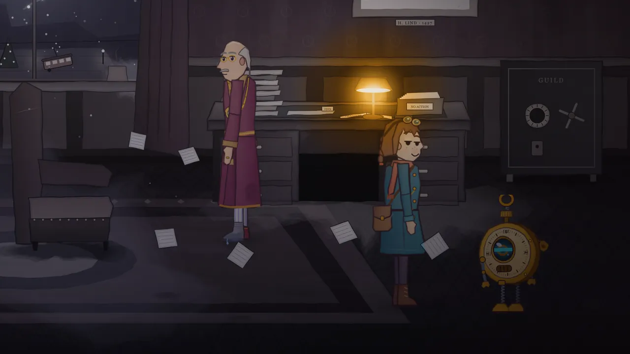 The Provost’s dim office in the stopped minute: Provost Crane, a tall bald man with gray tufts of hair, pince-nez and a mustache, in a long plum dressing gown, stands stiffly by his desk; on the desk, a lamp glows warm yellow beside stacks of papers and a box marked No action; Mira, in her teal coat and orange scarf, stands in the middle with a sly smile, looking at Tik, the brass pocket watch on spring legs, who stands in front of a tall dark safe marked Guild with a round dial and a spoked handle; loose sheets of paper hang frozen in the air around them, and a snowy window and an armchair are on the left