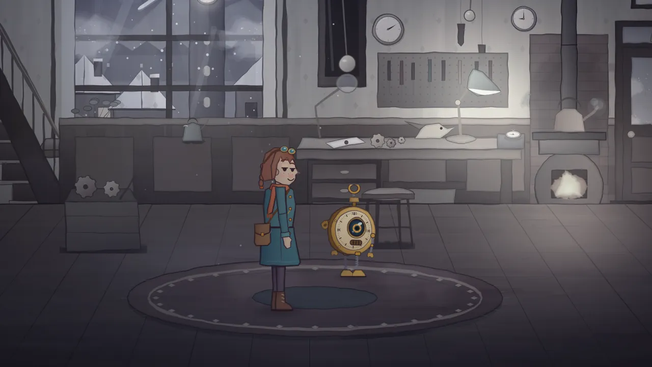 Grandpa’s clock workshop in the stopped minute, all in grays: Mira, a girl with auburn braids, brass goggles pushed up on her head, a teal coat, a long orange scarf and a brown satchel, stands on a round rug with a sly, half-lidded smile, looking at Tik, a round brass pocket watch with one big blue eye in its face, a little grille of a mouth and legs on springs; behind them, a long workbench with a lamp, small gears and papers, a stove with a frozen white glow and a kettle on top, a crate of spare gears, the hanging pendulum of a tall clock, round clocks on the wall and a big arched window with snowy roofs outside