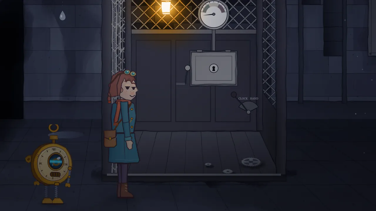 The dark stone base of the clock tower: Mira, in her teal coat, orange scarf and brass goggles, stands with a sly smile in front of an old lift cage of crisscrossed iron, with a glowing lantern at the top, a round white gauge, a metal box with a keyhole, a lever marked Clock and Hand and a few loose gears on its wooden floor; Tik, the brass pocket watch on spring legs, waits on the left, and a single drop of water hangs in midair high on the left