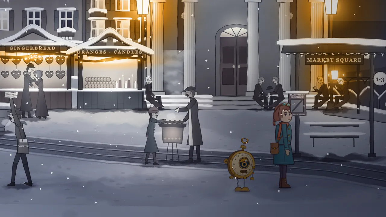 The market square of Glimmerau at night in the stopped minute, under falling snow: Mira, a girl with auburn braids, brass goggles on her head, a teal coat, an orange scarf and a brown satchel, stands on the right beside Tik, a round brass pocket watch with one big eye and legs on springs; behind them, a chestnut seller in an apron holds out a paper cone to a girl in a beanie over a steaming brazier, a couple embraces by a gingerbread stall hung with hearts, a newsboy holds up a paper, an oranges and candles stall glows under the snowy roofs, and men in dark coats sleep on the lamplit steps of a columned hall beside a tram stop sign that reads Market Square
