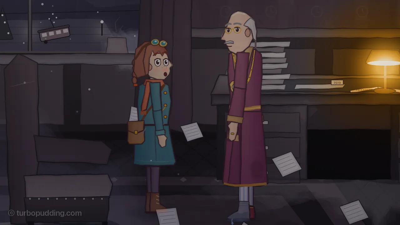 In the Provost’s dim office, Provost Crane, a tall bald man with white tufts of hair, round gold glasses and a mustache, stands in a long plum dressing gown with gold trim, one slipper and one wet gray sock, and looks down at Mira, who stares up at him wide-eyed with her mouth open, in a teal coat, an orange scarf, a brown satchel and goggles on her head; loose white sheets of paper hang in the air around them and lie on the rug, a lamp glows on a big desk with stacks of papers behind him, and an armchair and a snowy window with a toy tram on the sill fill the left