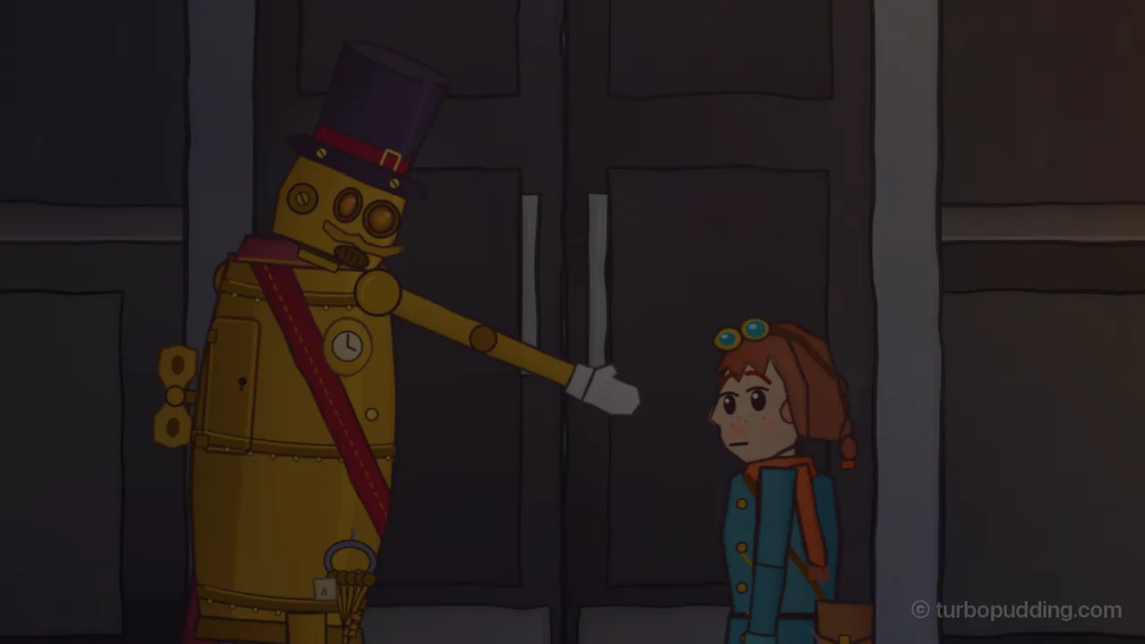 Barnaby, a tall brass barrel of a doorkeeper with a purple top hat with a red band, two round orange lamp eyes, a brass mustache over a round grille, a wine-red sash, a big winding key on his back and a ring of keys at his side, reaches one white-gloved arm toward the tall dark doors of the Guild Hall, his head tipped forward and his lamps dim, while Mira, in goggles, an orange scarf and a teal coat, looks up at him with a worried frown in the gloom