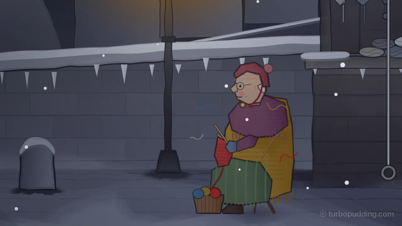 Old Ottilie, wrapped in a mustard shawl over a plum one, with a red knitted cap, round glasses and a green striped rug over her knees, sits on a stool in the snow on Brenna Bridge and knits a red strip with two needles, the yarn running down to a basket of blue, yellow and red balls at her feet; short loose threads in blue, yellow, beige and red float in the air around her, and behind her are a snowy stone wall hung with icicles, a lamppost, a snow-capped post and the corner of her shop with skeins of wool on the counter