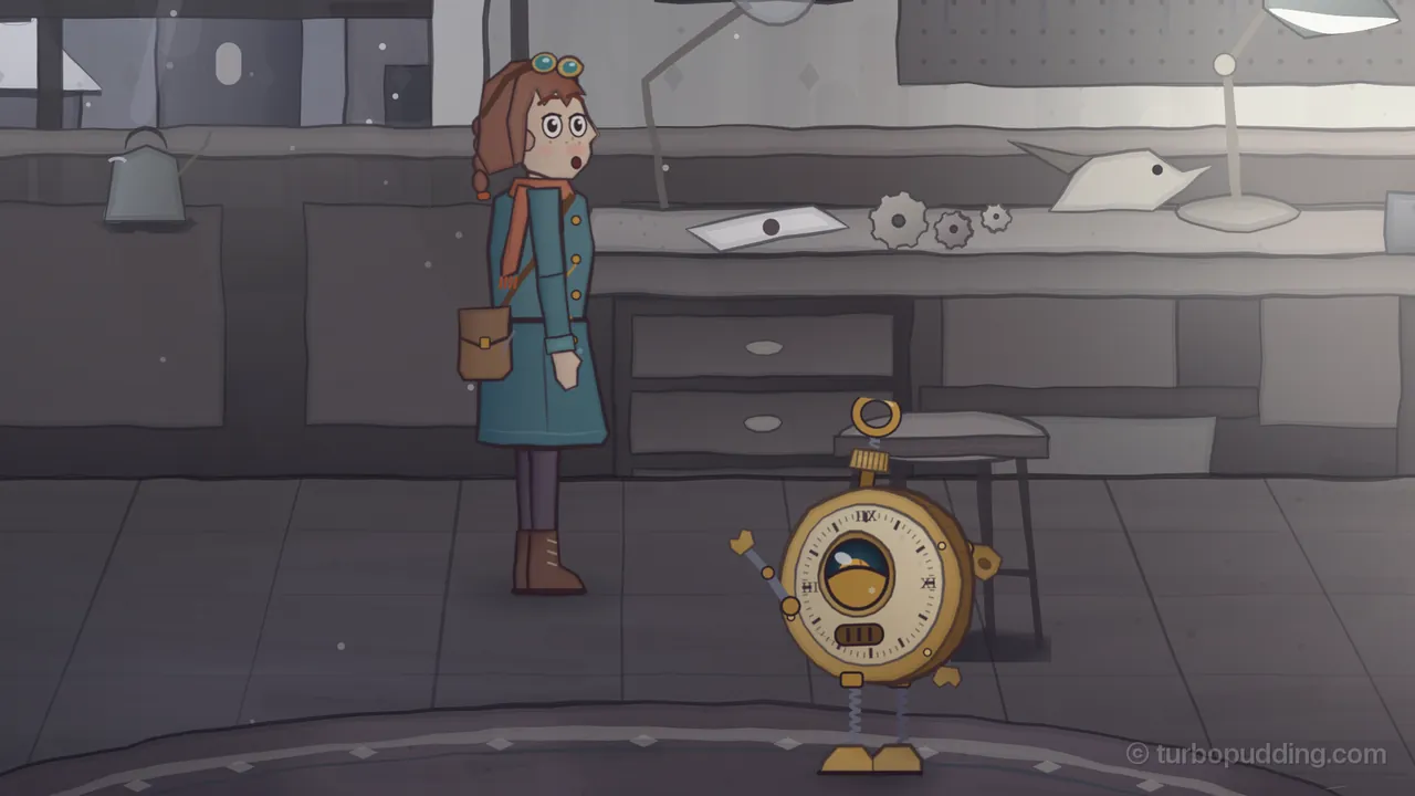 In Grandpa’s workshop after time has stopped, everything gray and still, Tik, a little walking pocket watch with a brass case, a cream dial, one big lens eye and spring legs, stands on the round rug in front and waves one thin arm, while Mira, in a teal coat, an orange scarf, a brown satchel and goggles pushed up on her head, stands behind him by the workbench and stares with wide eyes and her mouth open; on the bench lie a letter, three small gears, an unfinished metal bird, a magnifier on an arm and a desk lamp, and a stool stands beside it