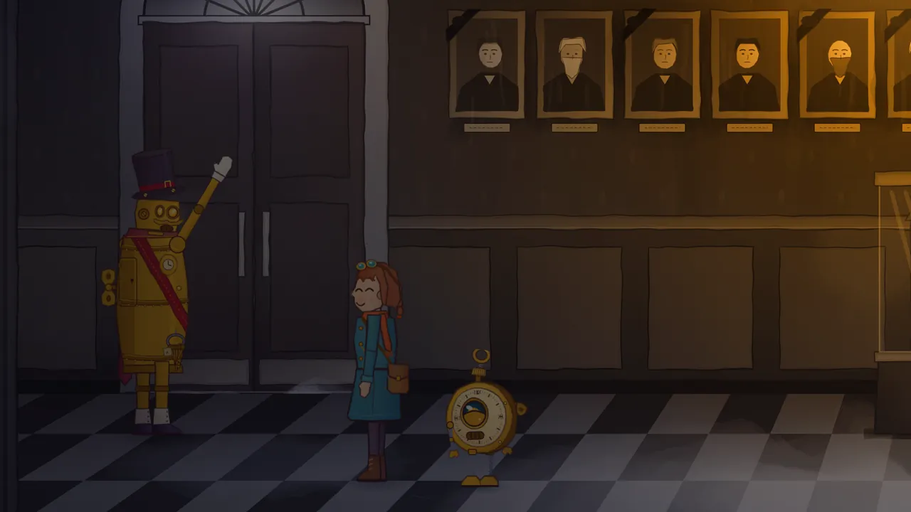 In the dark Guild Hall, Barnaby, a tall brass clockwork doorkeeper with a top hat, round lamp eyes, a red sash across his body and white gloves, stands by a tall wooden double door and raises one arm high, while Mira, a girl in a teal coat with a rust scarf, a satchel and brass goggles on her auburn hair, smiles up at him with her eyes closed, Tik the walking pocket watch stands on the black-and-white tiles beside her, and a row of framed portraits of old Masters lit in amber hangs on the wall behind them