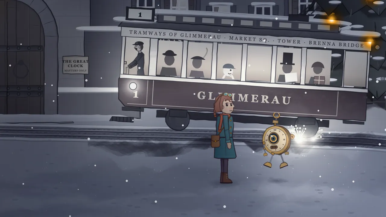 In the snowy town square at night, Mira, a girl in a teal coat with a rust scarf, a satchel and brass goggles on her auburn hair, stands in front of a stopped tram marked GLIMMERAU, while Tik, a little walking pocket watch with one big lens eye, hops in the air beside her, with frozen passengers in the tram windows, sparks hanging still under its wheels, snowflakes stopped in midair and a sign on the wall reading THE GREAT CLOCK, MASTERS ONLY