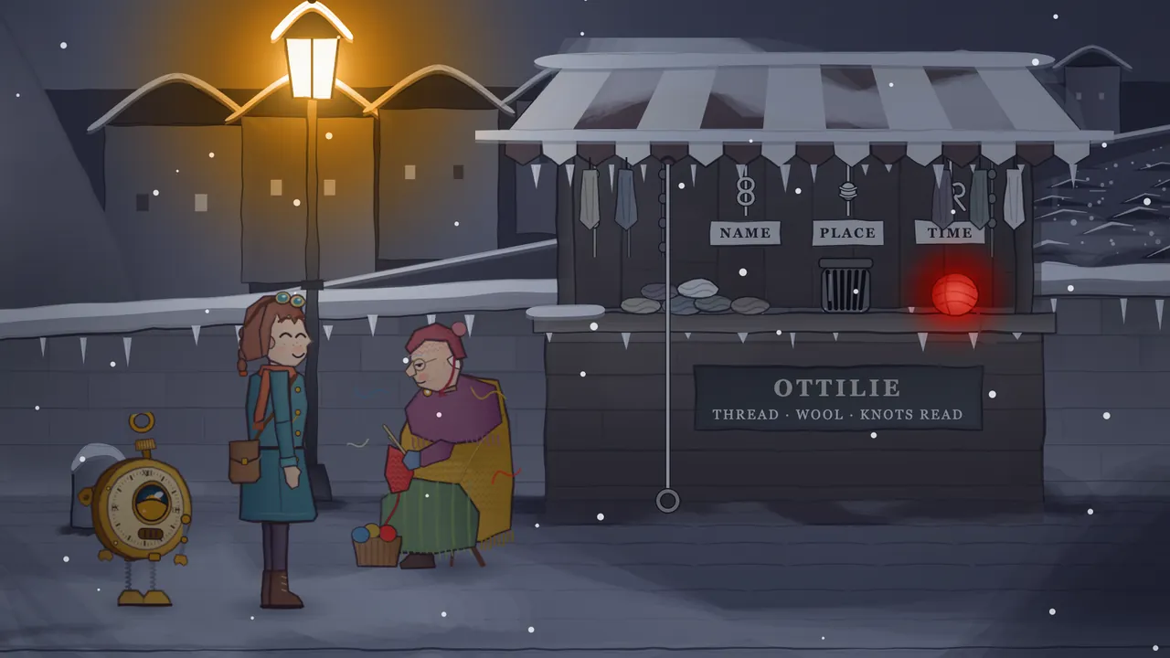 On a snowy bridge at night under a glowing street lamp, Old Ottilie, an old woman wrapped in a mustard and plum shawl with a red knitted bonnet and round glasses, sits on a stool knitting a red scarf with yarn running down to a basket at her feet, while Mira in her teal coat smiles beside her and Tik waits a step behind, in front of a little shop with a striped awning, tags reading NAME, PLACE and TIME over the counter and a sign that says OTTILIE, THREAD, WOOL, KNOTS READ