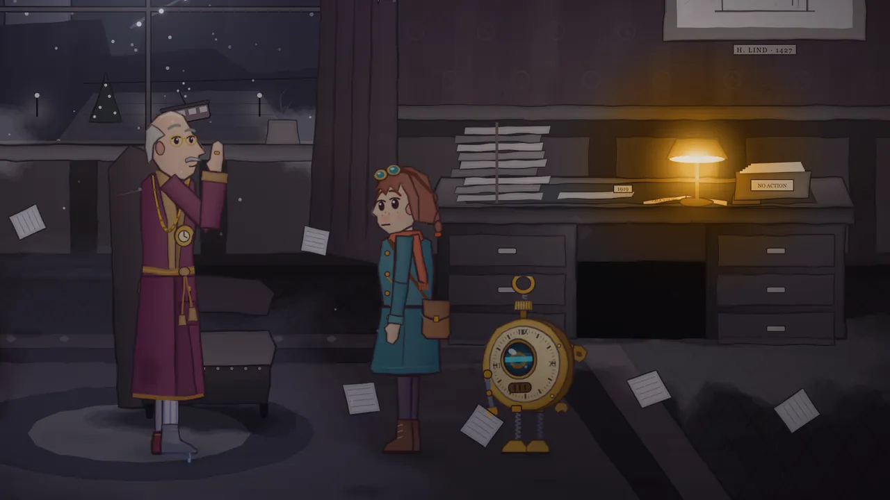 In a dim office with a tall curtained window, Provost Crane, a tall bald man with gray tufts of hair and pince-nez, wearing a long plum dressing gown with a gold chain of office, stands with one hand raised to his face, thinking, while Mira in her teal coat and rust scarf looks up at him and Tik stands beside her, with sheets of paper frozen in the air all around them and a lamp glowing on the desk behind