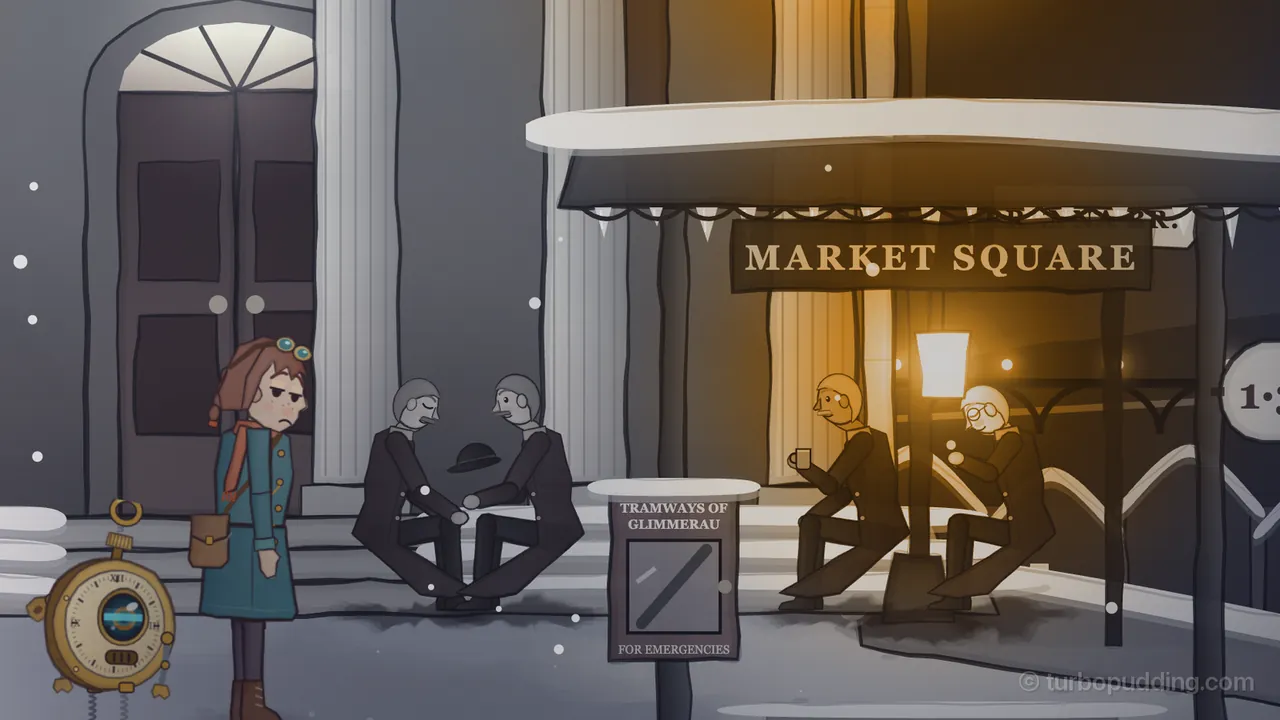 Market Square in the stopped minute: on the left, Mira, a girl with auburn braids, brass goggles on her head, a teal coat, a rust scarf and a satchel, stands frowning with Tik, a round brass pocket-watch robot with one lens eye, at her feet; in front of the Guild Hall’s pillared doors, four Guild Masters in long dark robes sit spent on the snowy steps: two with matching mustaches face to face with a bowler hat between them, and, under the snowy canopy and lamp of the Market Square tram stop, a Master holding a small mug and a Master with round spectacles slumped forward asleep; a Tramways of Glimmerau emergency box stands on a post in the middle and a round 1·3 route sign hangs on the right