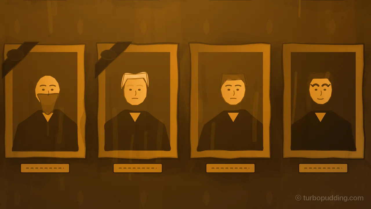 Four portraits of Guild Masters in a row on the wall of the Guild Hall, lit amber by a chandelier: each sits in a gilt frame above a small brass name plate, wearing a dark coat with a pale collar; the two frames on the left have black mourning ribbons across their top corners, one showing a bald Master with a beard and one a Master with white hair; the third shows a younger Master with short brown hair, and the fourth, on the right, is Anselm Holt thirty years younger, with dark hair, thick curly eyebrows and the hint of a smile
