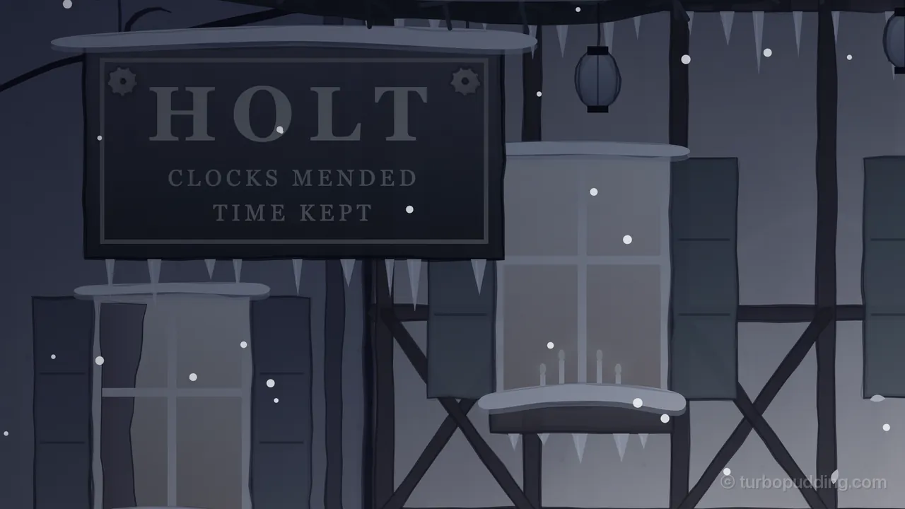 A close view of the Holt shop sign on Clockmaker’s Lane at night in the stopped minute: a dark wooden board with a small gear in each top corner, the word HOLT in big serif letters and CLOCKS MENDED, TIME KEPT underneath, all faded to gray, with a line of icicles hanging from its lower edge; behind it are a half-timbered house front with dark shutters, a window with four thin candles on the sill, an unlit paper lantern on a string, more icicles and a few snowflakes hanging still in the air