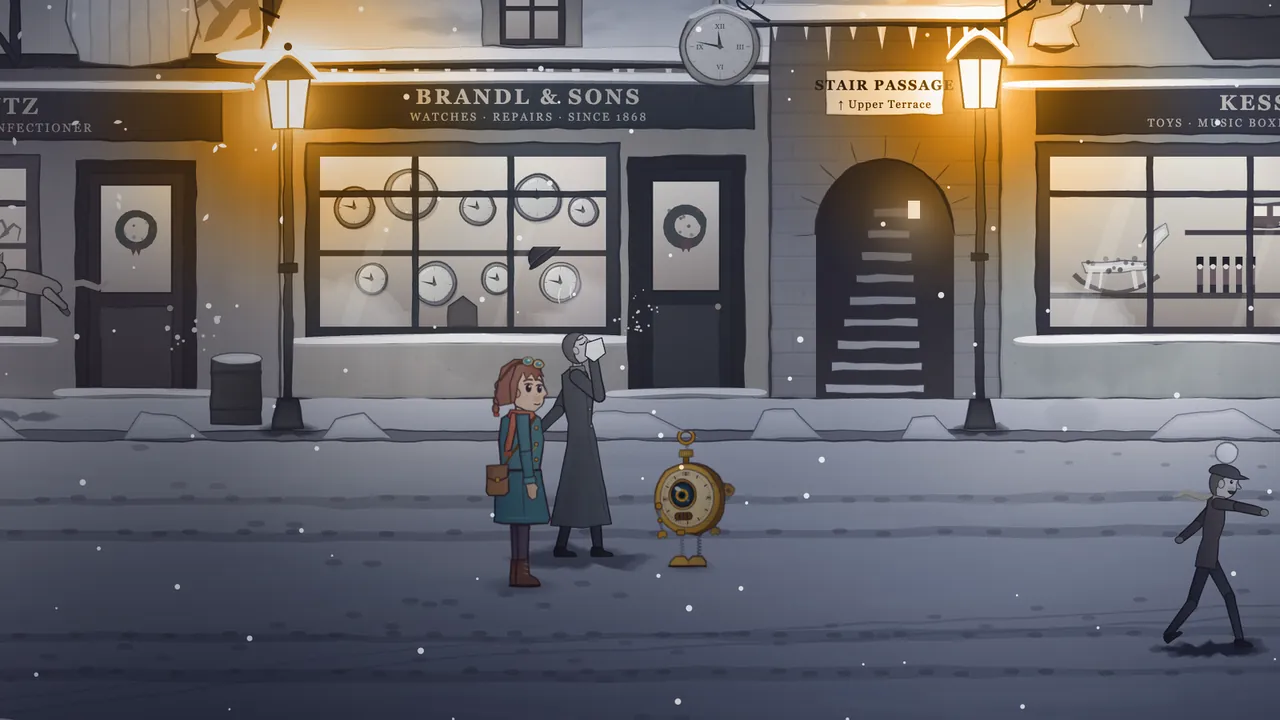 A gray, snowy shopping street frozen at night: a man stopped mid-sip, a boy frozen mid-throw with his snowball hanging over his head, two street lamps glowing gold, and Mira and Tik in full color among them